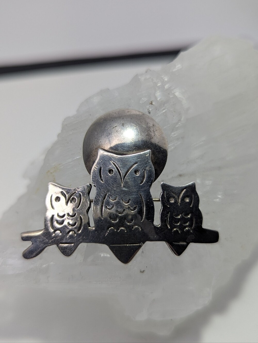 Owl Trio Pin Brooch Sterling Silver.925 Mexico